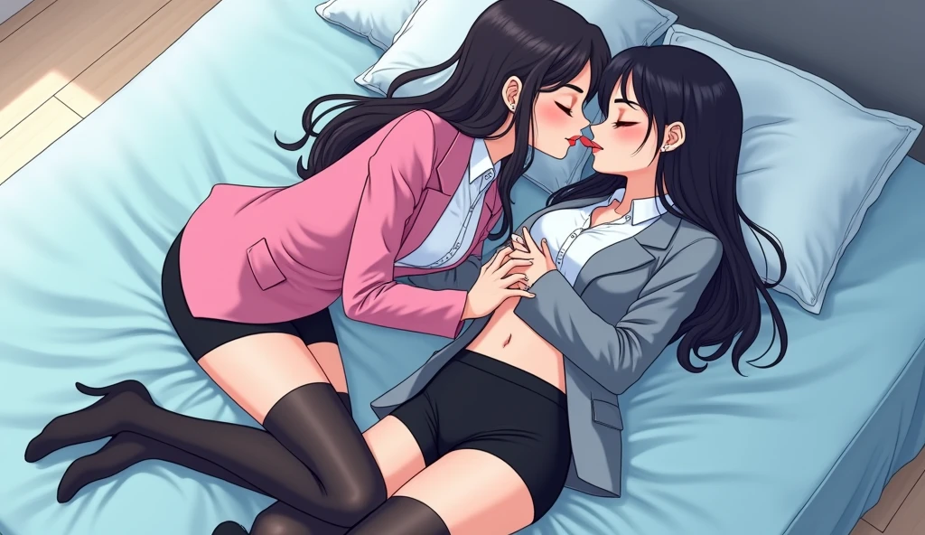 Two girls, long black hairs, yuri, lesbian.
The first girl wear a pink suit jacket, white shirt, black pencil skirt, black underpants, black tights, short black socks.
The second girl wore a grey suit jacket, white shirt, black pencil skirt, black underpants, black tights, short black socks.
french kiss, lesbian kiss, sensual body, straddle, insert one hand into black pencil skirt and touch the black underpants, insert finger into pussy, closed eyes, lying on the bed, light blue bedroom, novel cartoon, 4K, HD