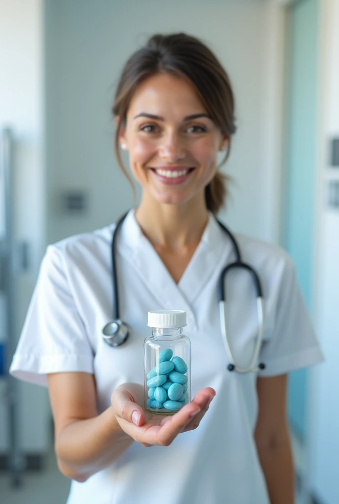 Female nurse holding Viagra pills