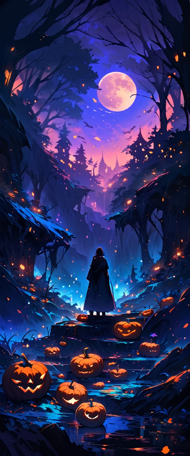 **"A captivating dark environment featuring a lone boy standing in a moonlit landscape. The scene is bathed in the eerie, bluish light of a large, glowing blue moon that casts a surreal glow across the terrain. Scattered around the boy are intricately carved pumpkins, their dim light adding a touch of warmth and contrast against the cool moonlight. The scenery includes shadowy, distant trees and a foggy, mysterious atmosphere. The overall mood should be haunting and atmospheric, blending elements of dark fantasy and surrealism —q 2 —ar 2:3."**