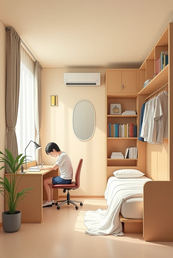 1 empty room 64m2, Start painting the room beige , legless bed , put on the right side,hang clothes , set desk , 1 mirror, air conditioning ,bookcase, curtains , and draw me studying