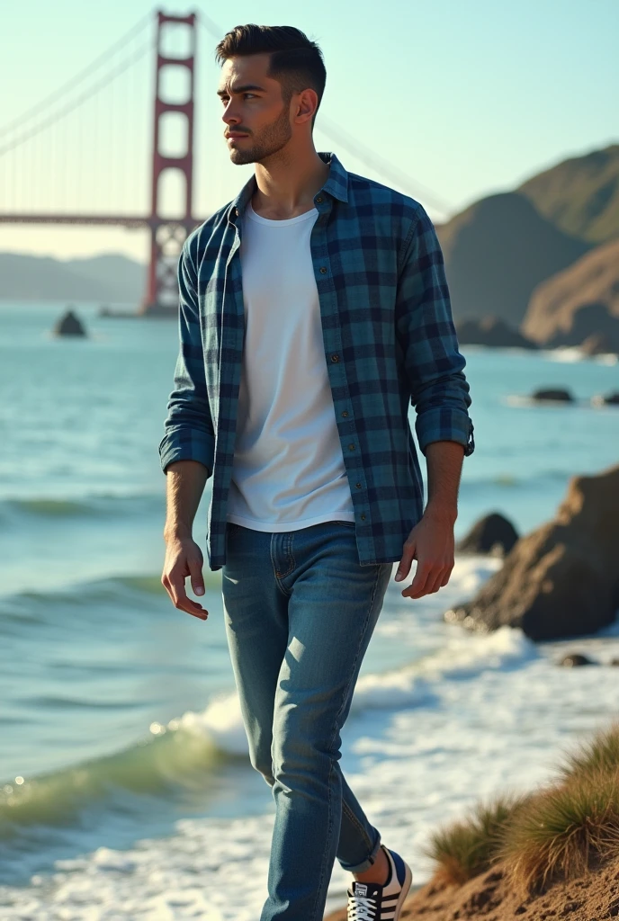 (photorealism:1.2), "A handsome young man with a sharp jawline and short black hair, neatly slicked back. He is wearing a blue flannel shirt over a white t-shirt, paired with jeans and Adidas sneakers. He is walking along the coast in San Francisco. The image should be in a retro, nostalgic style with a crisp, vibrant finish."