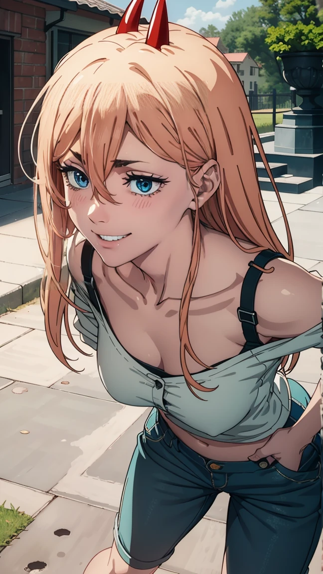 masterpiece, очень detailed, Best quality, ultra high resolution, 1 girl, full length (Full body 1.1), horns, long hair, I look at the viewer, medium breast,, In the open air, power (Man with a chainsaw), hooligan, rebel, smile, blue jacket, trousers, horns демона, yellow eyes, cross-shaped pupils, shirt, hair between eyes, Black trousers, (with grinning shoulders:1.3), (partially_unbuttoned:1.2), Белая shirt Ультра прозрачная, Chainsaw Man Energy, Два красных острых horns на голове, ultra sharp image, very beautiful, small chest. long hair, blonde, beautiful figure, tight clothes, T-shirt with the image of a cat, denim shorts, shoes, ярко-yellow eyes, Red crosses and circles instead of pupils, beautiful body, sexy clothes, beautiful eyes, very detailed eyes, очень detailed face, beautiful body, Chereter Design, очень detailed, detailed body, detailed hands, detailed, Vibrating, detailed Face, Sharp Focus, oops, Artgerm, anime art, Vibrating, detailed Face, Hugh Details, Sharp Focus, Very downcast face, Detailed eye, super lovely illustration, best shadow, finely detail, beautiful detail