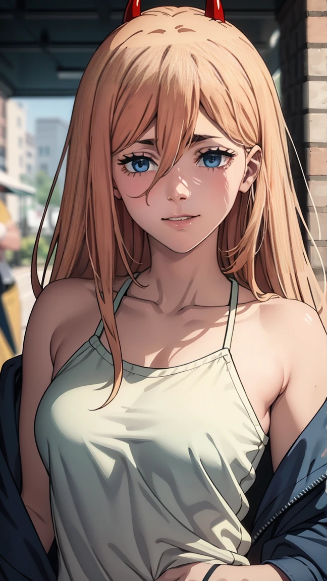 masterpiece, очень detailed, Best quality, ultra high resolution, 1 girl, full length (Full body 1.1), horns, long hair, I look at the viewer, medium breast,, In the open air, power (Man with a chainsaw), hooligan, rebel, smile, blue jacket, trousers, horns демона, yellow eyes, cross-shaped pupils, shirt, hair between eyes, Black trousers, (with grinning shoulders:1.3), (partially_unbuttoned:1.2), Белая shirt Ультра прозрачная, Chainsaw Man Energy, Два красных острых horns на голове, ultra sharp image, very beautiful, small chest. long hair, blonde, beautiful figure, tight clothes, T-shirt with the image of a cat, denim shorts, shoes, ярко-yellow eyes, Red crosses and circles instead of pupils, beautiful body, sexy clothes, beautiful eyes, very detailed eyes, очень detailed face, beautiful body, Chereter Design, очень detailed, detailed body, detailed hands, detailed, Vibrating, detailed Face, Sharp Focus, oops, Artgerm, anime art, Vibrating, detailed Face, Hugh Details, Sharp Focus, Very downcast face, Detailed eye, super lovely illustration, best shadow, finely detail, beautiful detail