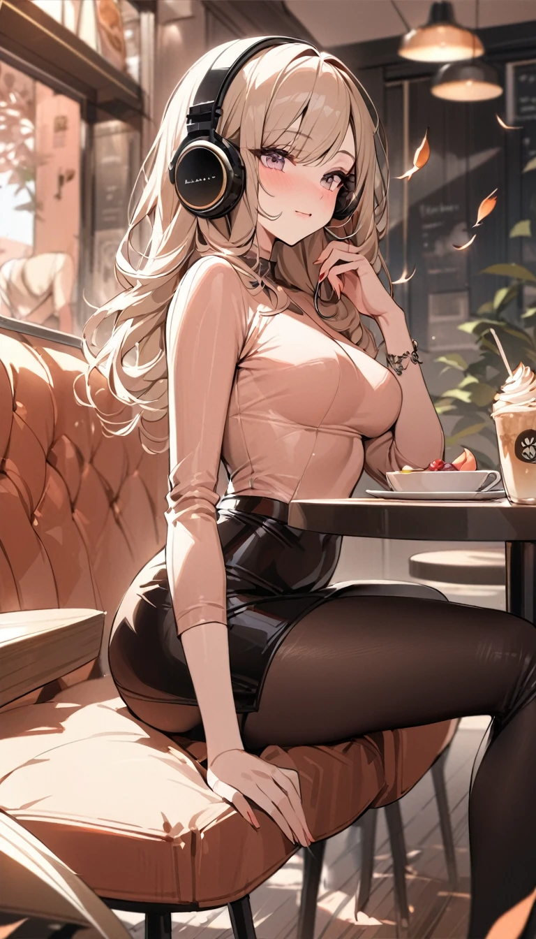 ((Top Quality)), ((Masterpiece)), ((Details)), perfect face, perfect body, fallen leaves background, sitting in a cafe, listening to music, sitting with legs apart, wearing tight clothes, wear a tight skirt, dating, Woman with face visible, glamorous, peach clothe