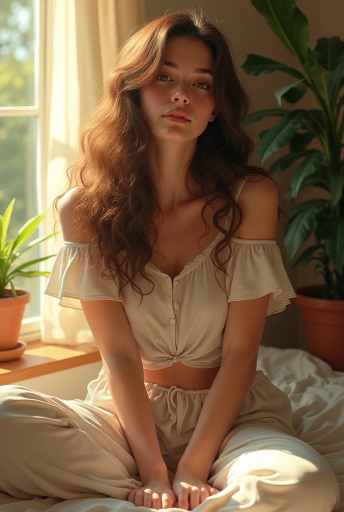 (photorealism:1.2), beautiful , sitting on bed, wearing loose off-shoulder top, pajama pants, long curly hair, indoors, soft lighting, plants in background, window with sunlight, cozy room, relaxed pose, realistic, intricate details, warm colors, by Greg Rutkowski, by Alphonse Mucha