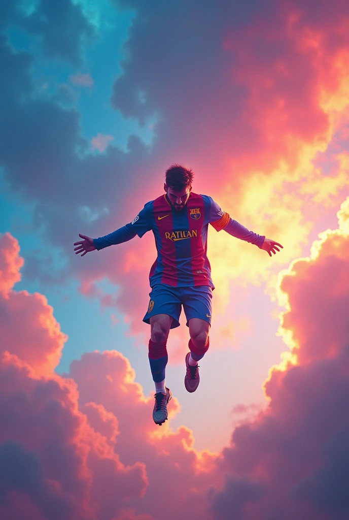 Messi is Flying in the sky.sky must be colourful