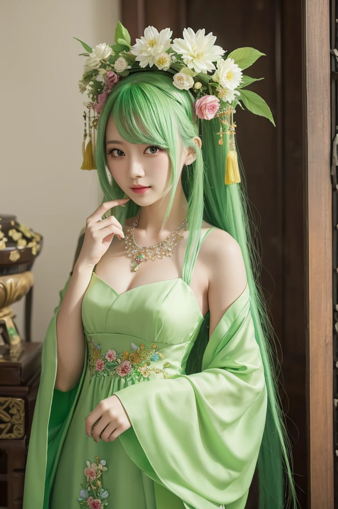 Light green hair, beautiful woman, long hair, Chinese dress, flower on head, necklace