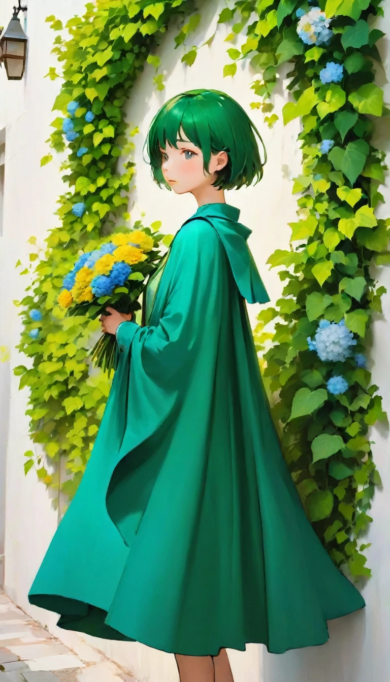 A woman standing in front of a white wall with a bouquet of flowers, short hair, pretty girl, Ivy, wearing blue-Green clothes, With flowers, Highest quality photos, with cape, Green clothes, photo shoot, Smooth input _ With background, 女性の身体のaesthetics, 🤤 Portrait of a Girl, beautiful!!, Wear it longer, Loose-fitting clothing, Casual pose,  aesthetics