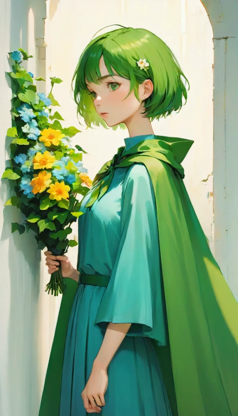 A woman standing in front of a white wall with a bouquet of flowers, short hair, pretty girl, Ivy, wearing blue-Green clothes, With flowers, Highest quality photos, with cape, Green clothes, photo shoot, Smooth input _ With background, 女性の身体のaesthetics, 🤤 Portrait of a Girl, beautiful!!, Wear it longer, Loose-fitting clothing, Casual pose,  aesthetics