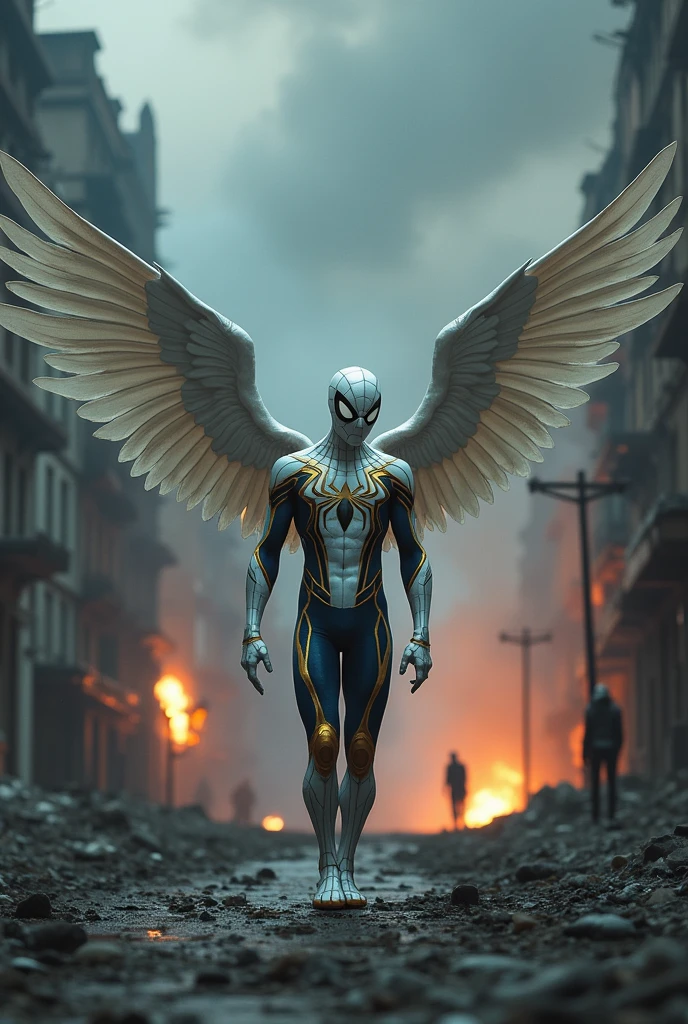 (front view:1. 2) of a graceful Spiderman, large white wings folded down, sad, intricate white and golden shine costume, walk on decrepit street, destroyed buildings, dark sky, active fires in background, volumetric fog, subsurface scattering, ambient occlusion, post apocalyptic, ruins of war, fire, smoke, (bokeh:1. 4)
masterpiece, best quality, detailed, realistic, 8k UHD, high quality, lifelike, precise, vibrant, absurdres, rendered in a cinematic, HDR style, 8K resolution