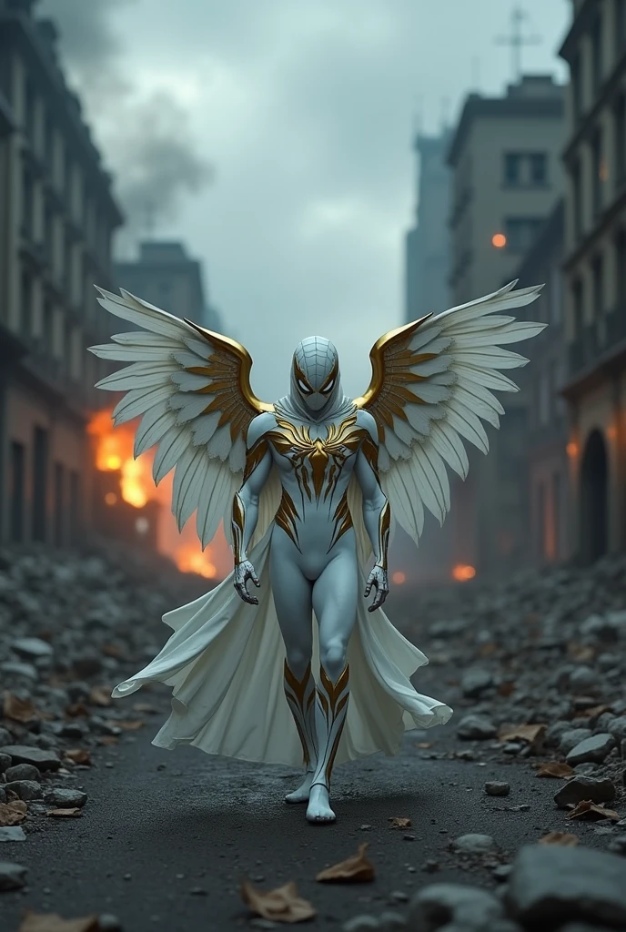 (front view:1. 2) of a graceful Spiderman, large white wings folded down, sad, intricate white and golden shine costume, walk on decrepit street, destroyed buildings, dark sky, active fires in background, volumetric fog, subsurface scattering, ambient occlusion, post apocalyptic, ruins of war, fire, smoke, (bokeh:1. 4)
masterpiece, best quality, detailed, realistic, 8k UHD, high quality, lifelike, precise, vibrant, absurdres, rendered in a cinematic, HDR style, 8K resolution
 