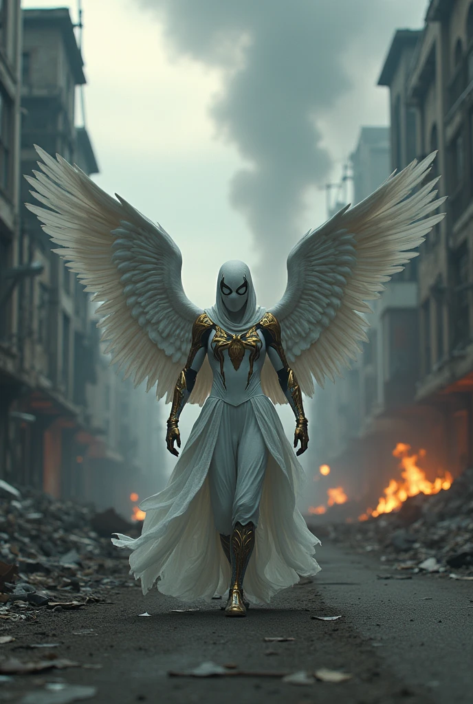 (front view:1. 2) of a graceful Spiderman, large white wings folded down, sad, intricate white and golden shine costume, walk on decrepit street, destroyed buildings, dark sky, active fires in background, volumetric fog, subsurface scattering, ambient occlusion, post apocalyptic, ruins of war, fire, smoke, (bokeh:1. 4)
masterpiece, best quality, detailed, realistic, 8k UHD, high quality, lifelike, precise, vibrant, absurdres, rendered in a cinematic, HDR style, 8K resolution