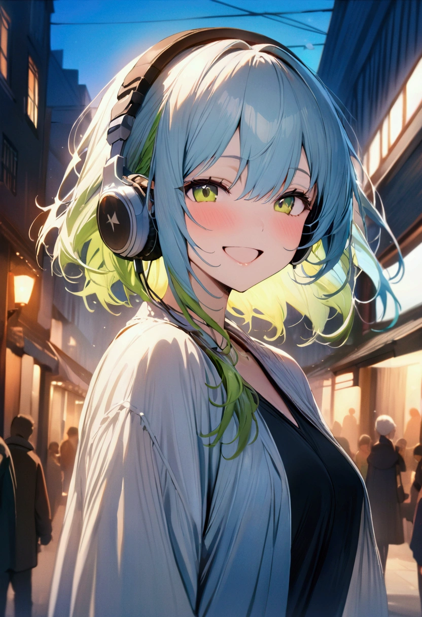 3人のwoman,Yellow-green hair color,Light blue hair color,woman,In town, Cinema Lighting, (masterpiece:1.2), 最high quality, high quality, High resolution, (Super detailed), Detailed Background, One person,headphone,smile,Light background,blue sky,Have fun and laugh,