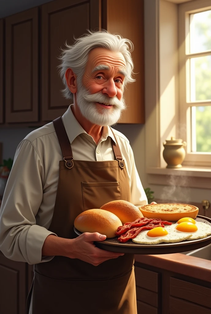 A old man holding breakfast to serve
