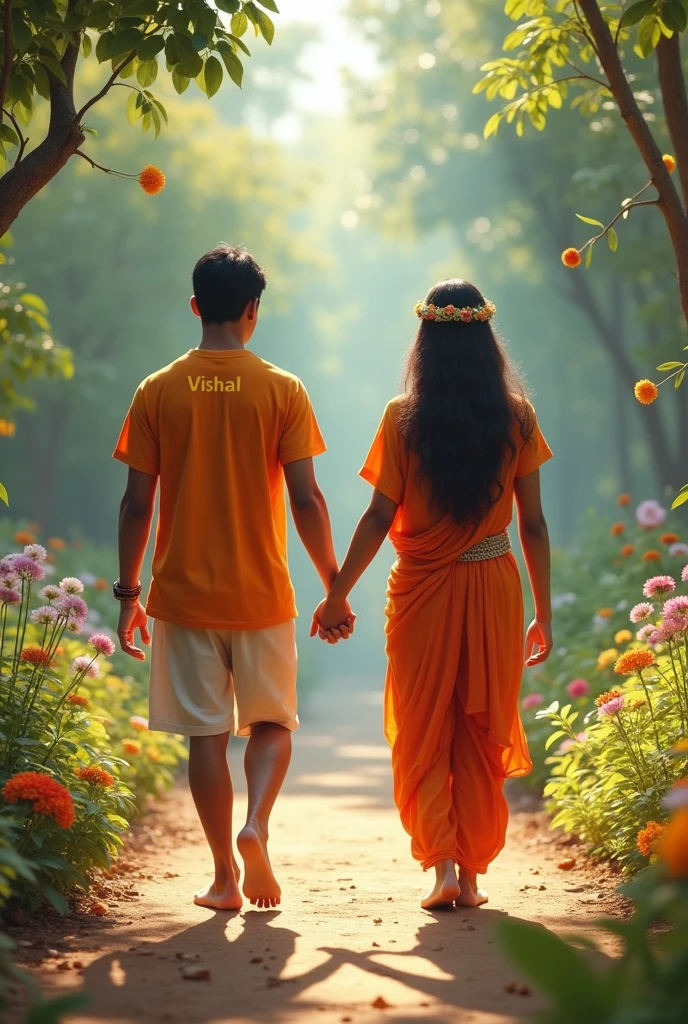 20 year old boy walking and holding hand with krishna bhgvan, boy is bare feet wearing saffron T-shirt with name" Vishal written boldly, environment is gorgeous, background is garden, both are in focus, ultra clear, hyper detailed Image, Ganesh ji and girl looking ahead and both are of same height
