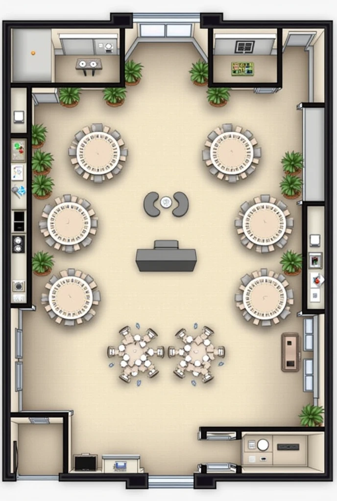 Floor plan for event

- [ ] 1. Entrance: Place at one end of the room.

- [x] 2. Registration:  Position just inside the entrance for easy check-in.

- [x] 3. Photo Booth: Place near the entrance or just past the registration area to attract guests.

- [x] 4. Display Table: Near the registration area to showcase event information.

- [x] 5. Stage/Backdrop: Centered along one wall to ensure visibility from most areas.

- [x] 6. DJ/Sound System: Positioned near the stage but not too close to avoid obstructing movement and to ensure good sound distribution.

- [x] 7. Bar Counter: On one side of the room, preferably against a wall to avoid congestion and ensure easy access.

- [x] 8. Cake Table: Near the dining tables but not directly next to them to allow for a clear path.

- [x] 9. Dining Tables: Arrange centrally, providing enough space around each table for movement. With 10 tables and 10 chairs, ensure there is ample space for guests to move comfortably.

- [x] 10. Comfort Room: Place in a discreet but accessible location, clearly marked for easy access.

- [x] 11. Kitchen: Position it behind a partition or in a corner to keep it out of sight but easily accessible for staff.

- [x] 12. Exit: Opposite the entrance, clearly marked and unobstructed.

- [x] 13. Emergency Exit: Ensure it is visible and easily accessible, not obstructed by any furniture or other elements.