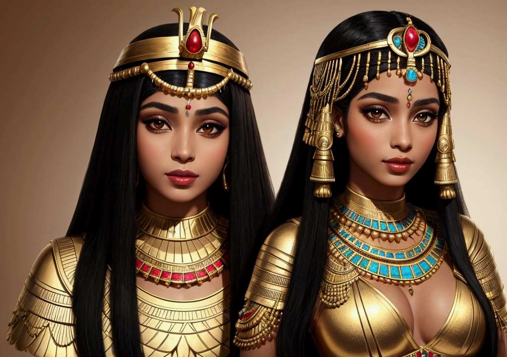 egyptian queen cleopatra, with classic crown, and luxurious Egyptian clothing, with jewelry. brown skin color, de corpo inteiro, wearing a period wig. Egyptian makeup
