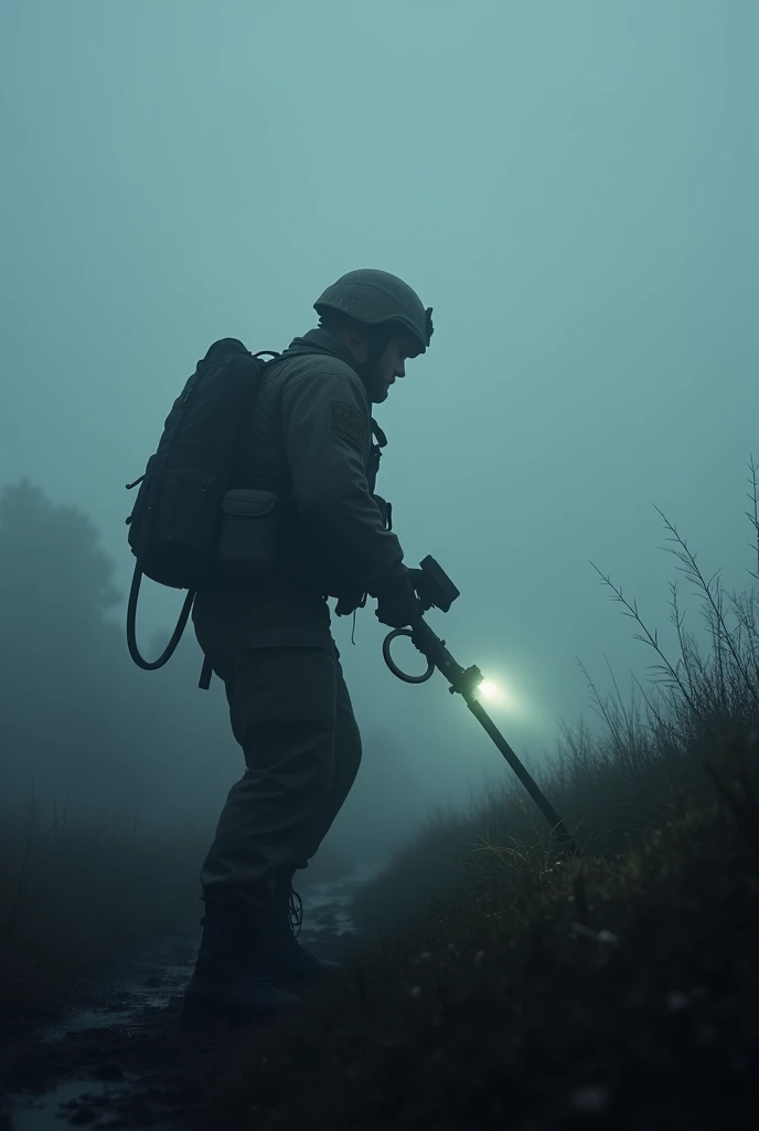 Sapper searching the land with metal detector in foggy night
