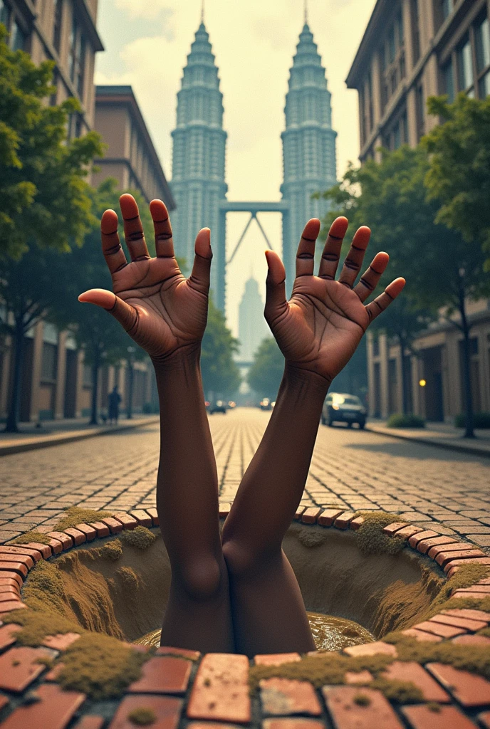 Two hand black women hand reach out from quick sand, sink hole on the center. Brickwalk road.city background. Klcc background.