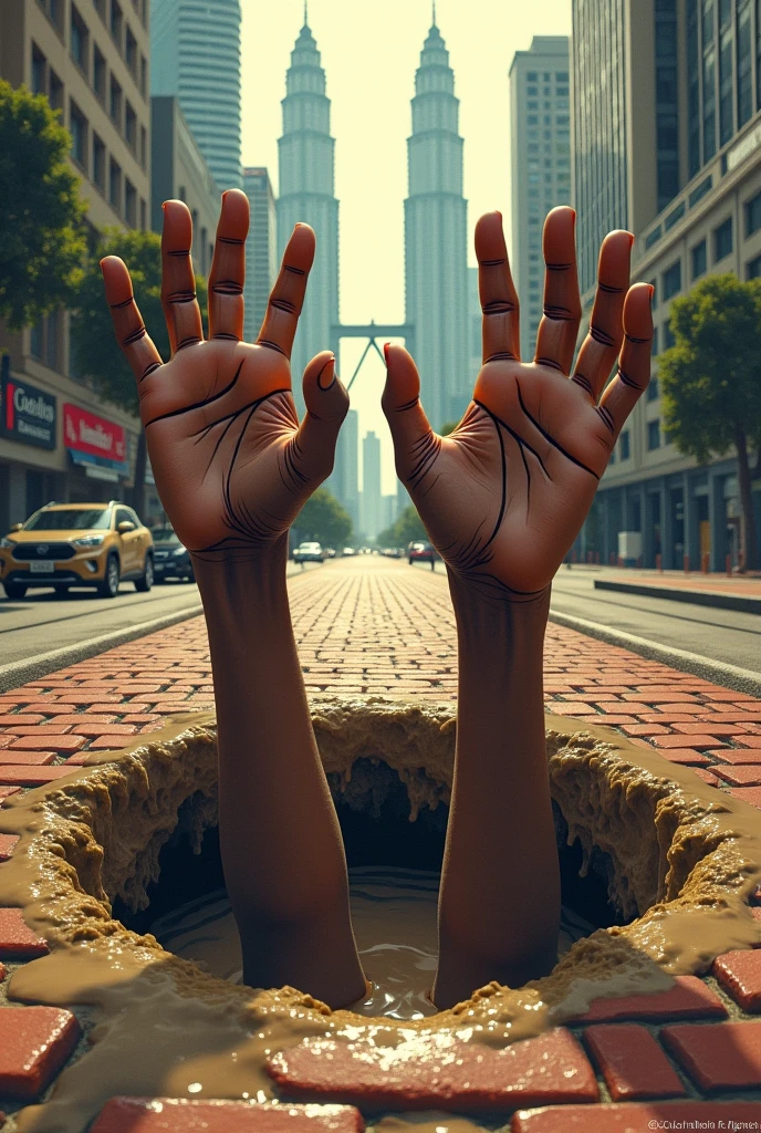 Two hand black women hand reach out from quick sand, sink hole on the center. Brickwalk road.city background. Klcc background.
