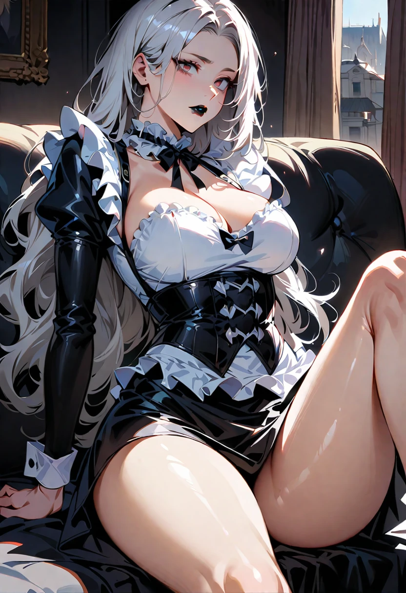 Young beautiful woman,(Highest quality,Extremely detailed depiction,Incredibly absurd high resolution,Anatomically accurate depiction,Curvy Legs,Shiny skin,Porcelain-like skin),(Black and white gothic maid outfit,Maid Skirt,corset,black tights,High heels),eyelash,(Silver Hair,Black Eyes,Crazy Eyes,Eyes half closed:1.5,Boring look,Large Breasts,Glossy black lips:1.1,Heavy makeup,Purse your lips,Condescending Gaze,sitting on the sofa with one&#39;s knees up),Sweat:0.8,(whole body),background:Night room,Purple light,From below:1.5