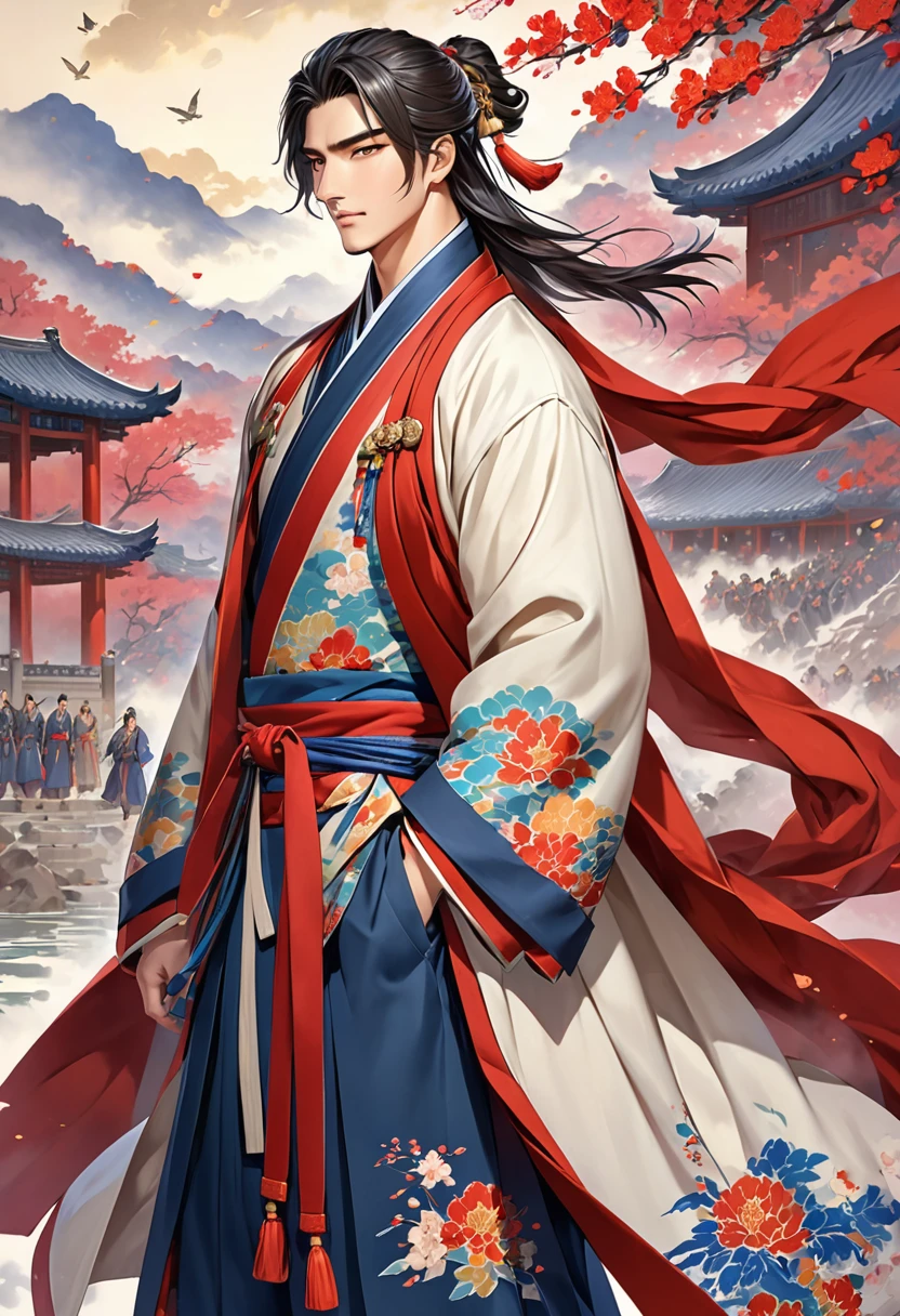 Romance of the Three Kingdoms Zhou Yu, handsome, Full body exposed, Clothes made of a coat, clothes made only of cloth, youth, No red on clothes