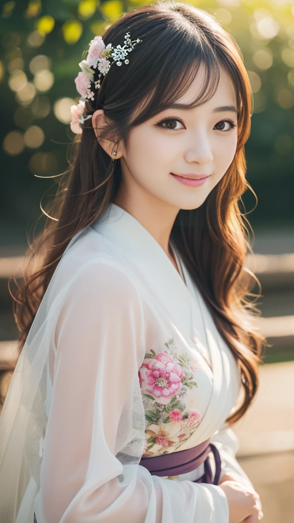 (Highest quality,High resolution,Very detailed),Portraiture,Beautiful Japanese Women,Beautiful attention to detail,Beautiful lip detail,Very detailed顔,Long eyelashes,A kind smile,Flowing Hair,Natural light,Vibrant colors