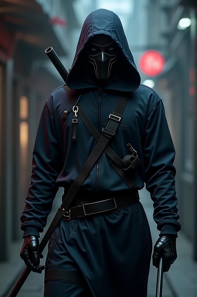 Black suit ninja with dark navy blue hoodie wearing a full black mask with a half of oni mask holding double escrima sticks with chest weapon holder