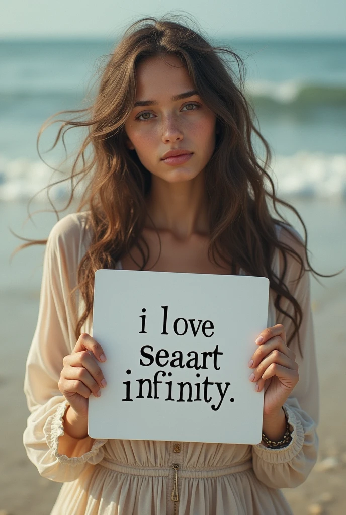 Beautiful girl with wavy long hair, bohemian dress, holding a white board with text "I Love Seaart Infinity" and showing it to the viewer