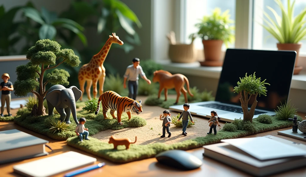 A miniature real zoo scene set on a cluttered office desk. The desk has a laptop, mouse, smartphone, writing tools, and scattered sheets of paper. The miniature zoo features real tiny versions of animals such as an elephant, tiger, monkey, zebra, and giraffe. There are also real small adult and child visitors exploring the zoo, as well as a janitor cleaning within the zoo environment.