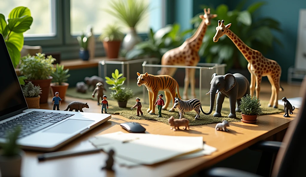 A miniature real zoo scene set on a cluttered office desk. The desk has a laptop, mouse, smartphone, writing tools, and tered sheets of paper. The miniature zoo features real tiny versions of animals such as an elephant, tiger, monkzebra, and giraffe. There are also real small adult and child vis exploring the zoo, as well as a janitor cleaning within the zoo environment.