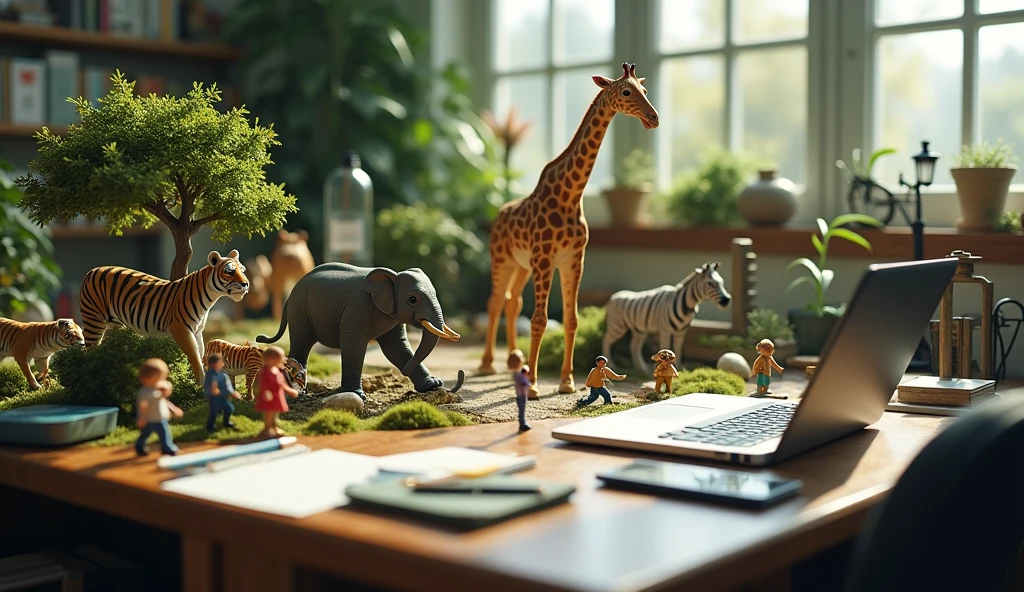 A miniature real zoo scene set on a cluttered office desk. The desk has a laptop, mouse, smartphone, writing tools, and scattered sheets of paper. The miniature zoo features real tiny versions of animals such as an elephant, tiger, monkey, zebra, and giraffe. There are also real small adult and child visitors exploring the zoo, as well as a janitor cleaning within the zoo environment.