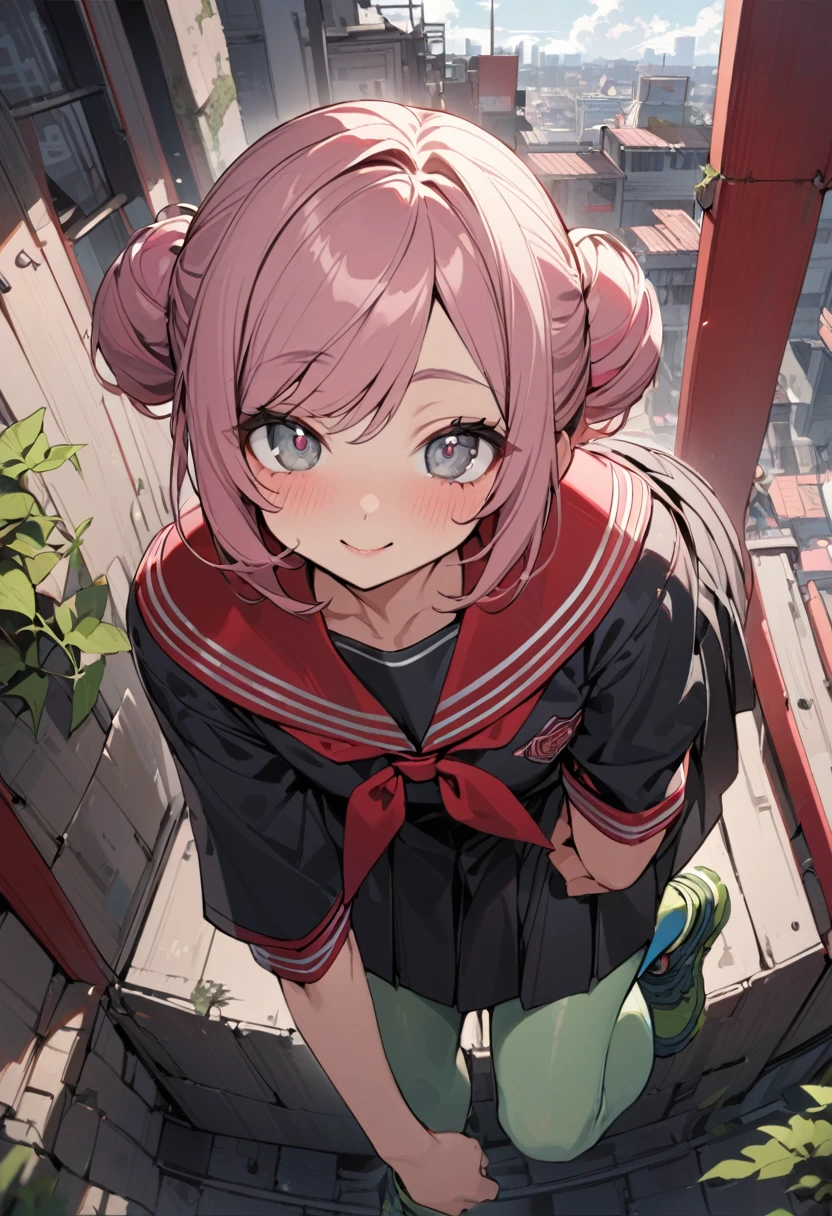 masterpiece, (best quality), (1 little girl), solo highly detailed, friendly, slight smile, (swept bangs), pink hair in a bun, gray eyes, ((detailed eyes)), seifuku with the leading colors of black and red, black short-sleeved blouse with a red sailor collar, black knee-length pleated skirt, light blue tights, moss green ankle boots, rooftop background
