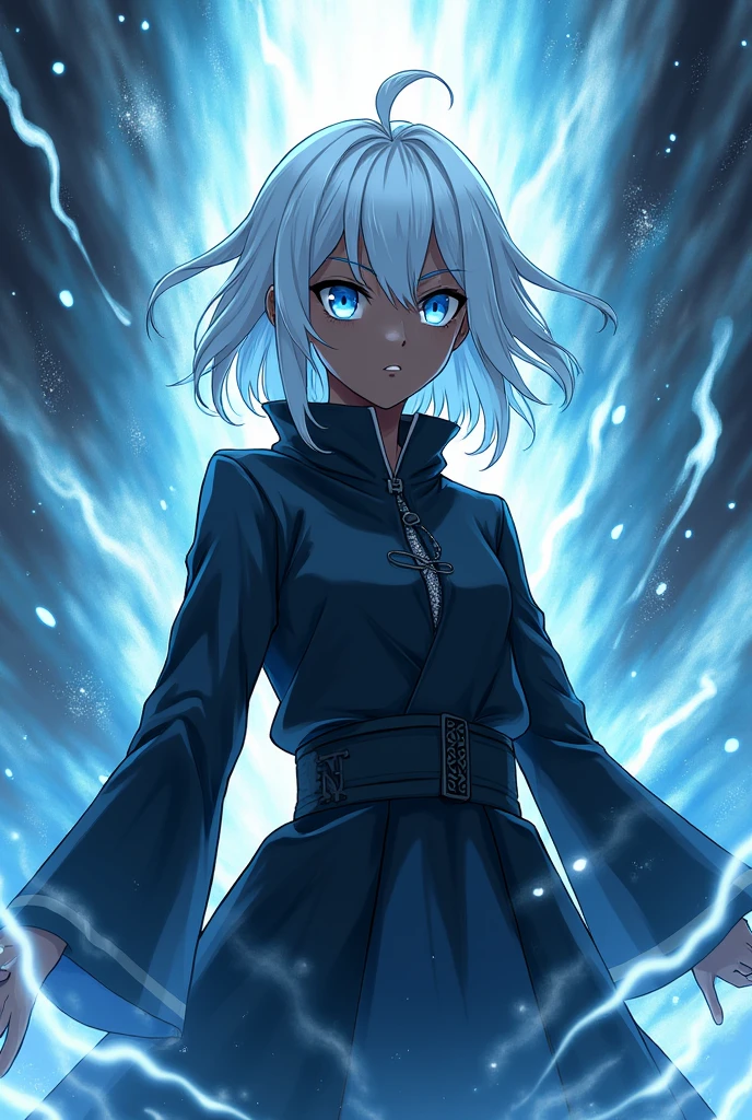 Black girl as gojo with white hair and blue eyes