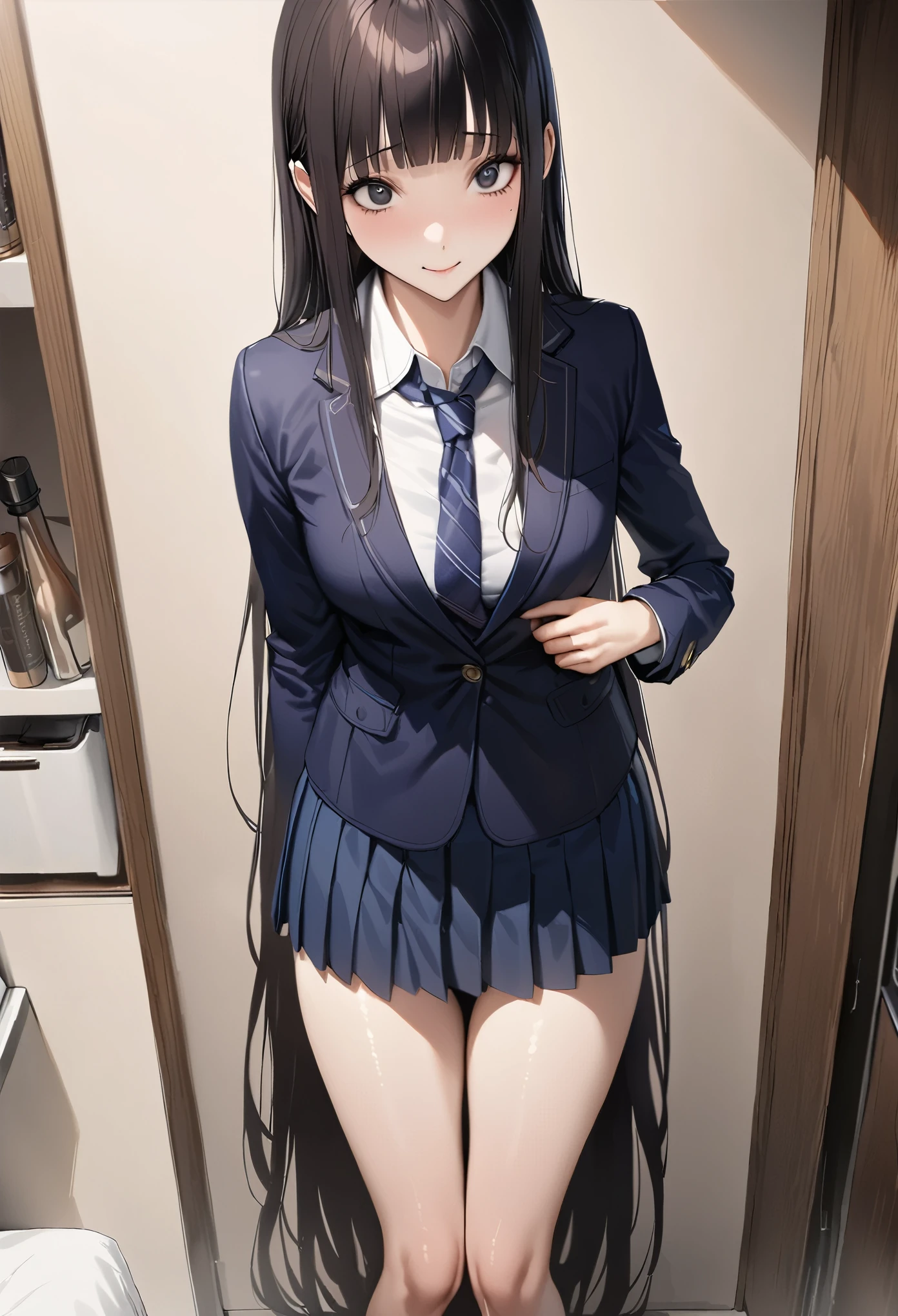 ((masterpiece,best quality anime,Highest quality:1.3)),realistic,cowboy shot,1woman,(30 year old beauty),((very small head:1.4)),((very long body:1.4)),straight long hair,black hair,(gorgeous big eyes),black eyes,shy,smile,((slender body:1.4,skinny:1.3)),medium breasts,(School uniform、Dark blue blazer jacket、Navy blue tie、White shirt),((Navy blue pleated mini skirt)),barefoot、gleaming skin,shiny skin,standing,Simple bedroom、Tokyo、