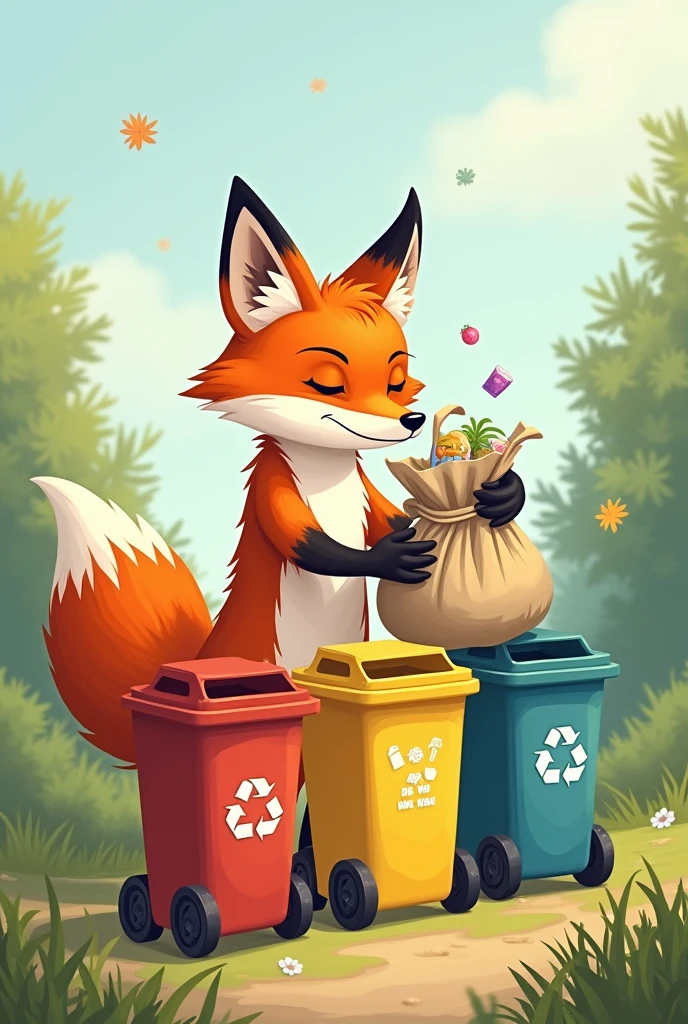 Fox throws trash, has three sorting trash cans diffirent color . And fox have a bag trash in hand .