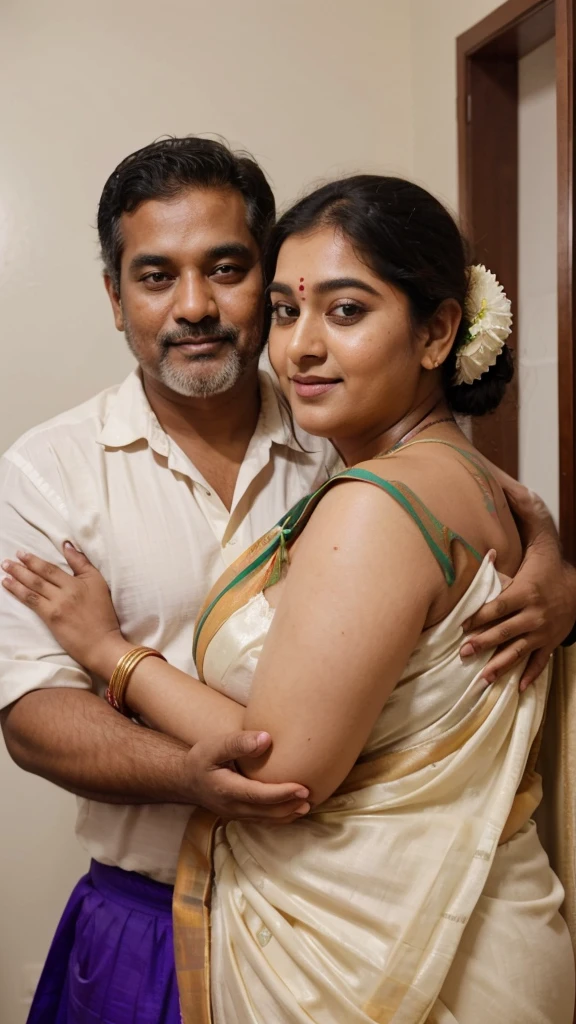 a  50-year-old shirtless man  affectionately hugging and kissing aradiant, full-figured South Indian plus-sized 30 year old teacher wearing a cream silky saree in  dressing room, captured in a full-body image with vibrant hues and meticulous details. Full body image