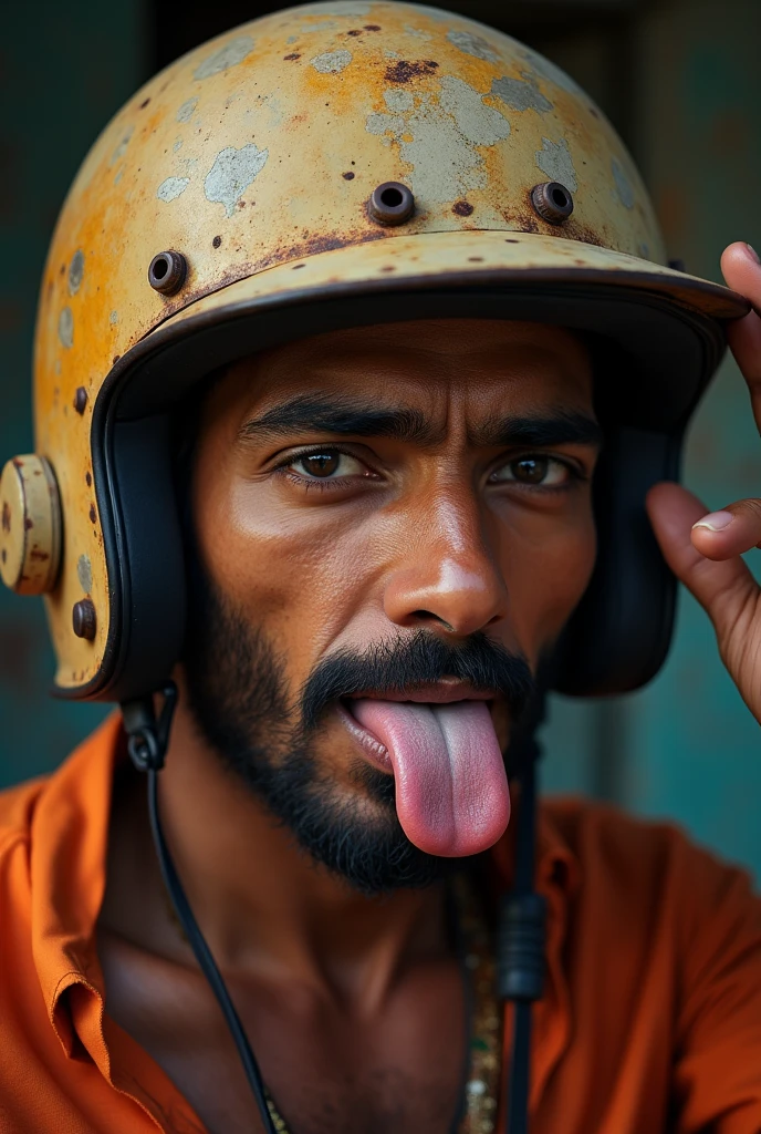 a man in india, 1 man, wearing a helmet upside down, godox lighting. Ahegoa. Tongue out, portrait photography, high quality, photorealistic, detailed facial features, detailed eyes. One hand on forehead, detailed nose, detailed lips, detailed skin texture, dramatic lighting, cinematic atmosphere, dynamic pose, environmental details, vibrant colors, warm color tones, natural lighting, sharp focus, 8k, best quality, masterpiece. Rusty helmet