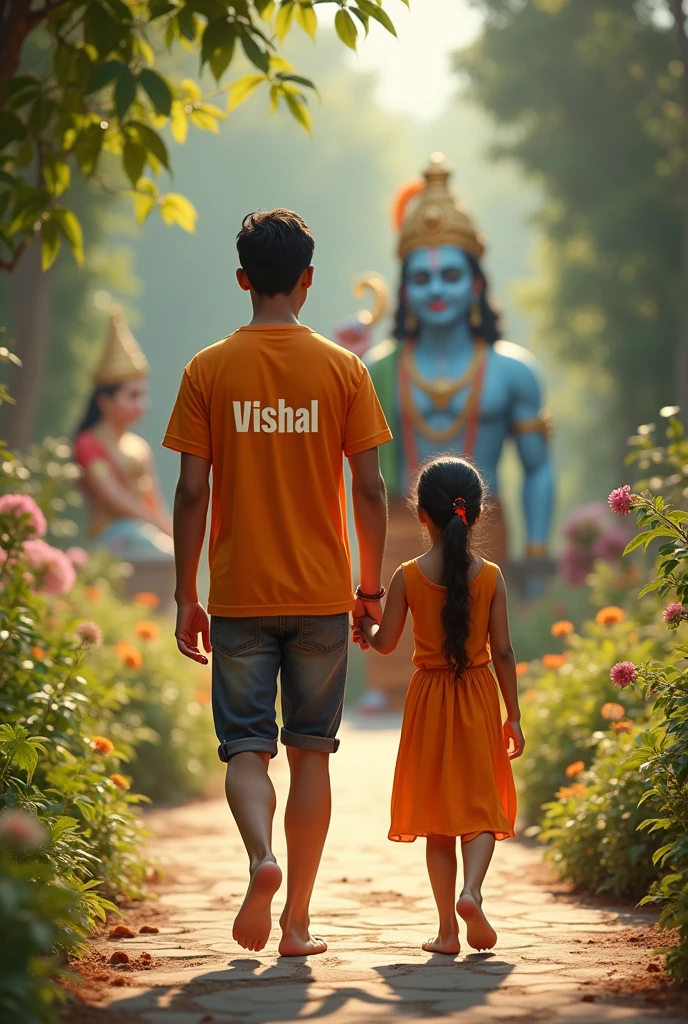 20 year old boy walking and holding hand with krishna, boy is bare feet wearing saffron T-shirt with name" Vishal written boldly, environment is gorgeous, background is garden, both are in focus, ultra clear, hyper detailed Image, Ganesh ji and girl looking ahead and both are of same height