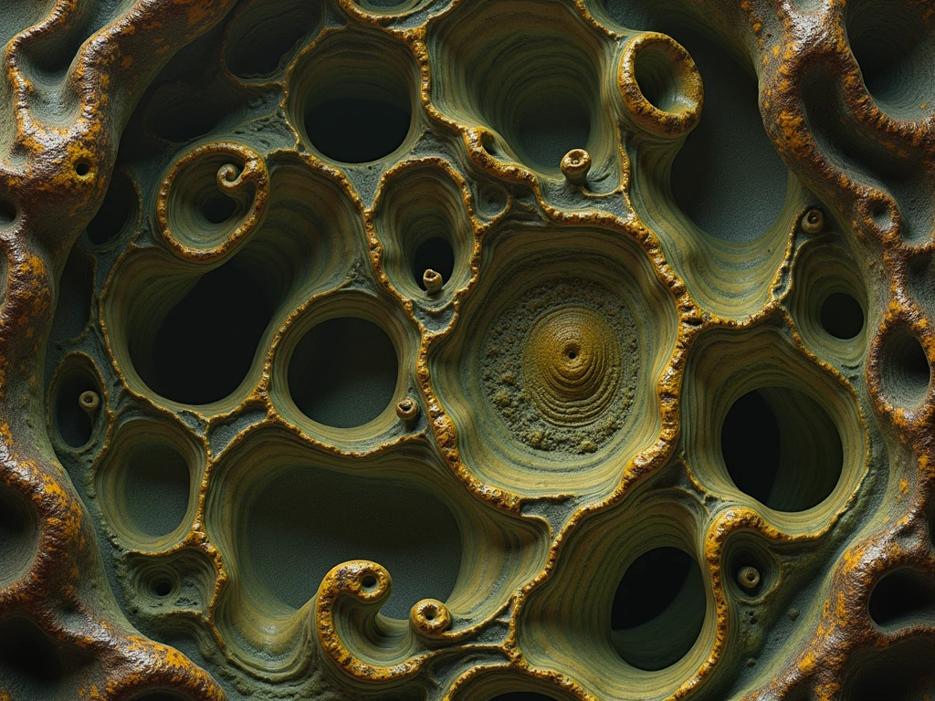 an organic and fleshy surface.((corruption,entropy,decay,resilient, toxic)),((dark green,rusted brown, yellow greenish)),((deep wiew)),photographic,ultra high resolution,hyperdetailed, masterpiece, 3d modelling, digital art, abstract art.