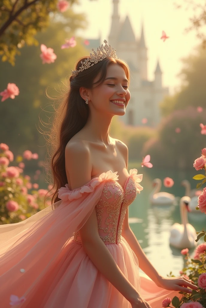 princess in blissful languor, dreams of a handsome prince, soothing lullaby music, luxurious satin dress, Sparkling tiara, charming smile, Warm golden sunlight, soft floral scent, Dreamy atmosphere, gentle breeze, gentle and romantic, whisper love stories, fairytale castle in the background, whimsical butterflies dance around, enchanted garden, delicate rose petals fall from the sky, graceful swans swim in a crystal clear pond, bright colors,Pastel shades, Soft and dreamy lighting, unearthly and magical landscapes, Beautiful shiny smooth, high quality, Best quality, absurdity, masterpiece, Beautiful, complex parts, 1/2 body trimmings, slender body, Beautiful figure, Magnificent Anatomy, (complex parts:1.12), HDR, (complex parts, hyperdetailing:1.15), (natural skin textures, hyperrealistic, soft light, spicy:1.2)