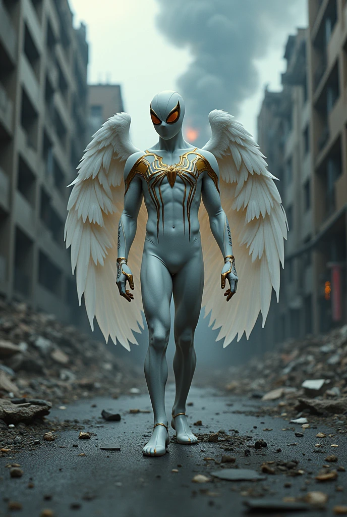(front view:1. 2) of a graceful Spiderman, large white wings folded down, sad, intricate white and golden shine costume, walk on decrepit street, destroyed buildings, dark sky, active fires in background, volumetric fog, subsurface scattering, ambient occlusion, post apocalyptic, ruins of war, fire, smoke, (bokeh:1. 4)
masterpiece, best quality, detailed, realistic, 8k UHD, high quality, lifelike, precise, vibrant, absurdres, rendered in a cinematic, HDR style, 8K resolution
 