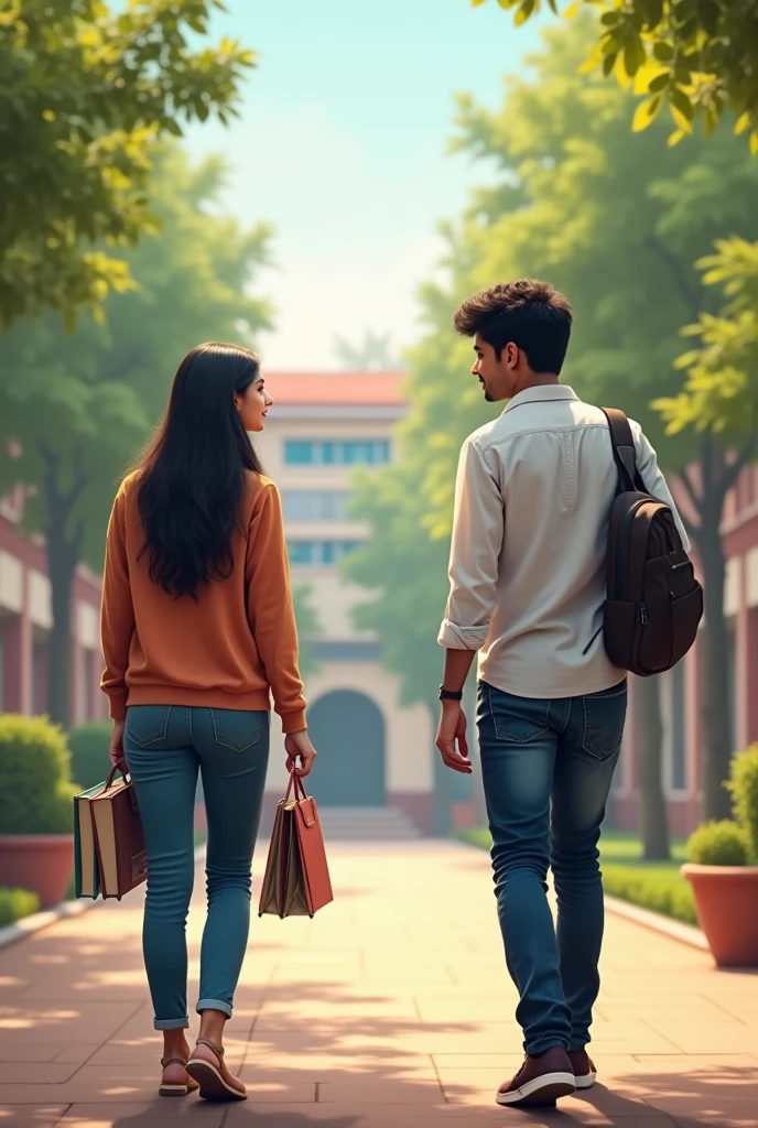 Create an image set on a college campus featuring two Indian students who are looking into each other's eyes, conveying hope for a relationship. The scene shows a beautiful 2 Indian woman walking to her class, holding notes and books in her hand. She is wearing a formal shirt and jeans. In the opposite direction, a 2 Indian man, also a college student, is passing by and looking back at her. He is also dressed in a formal shirt and jeans. The background should include elements typical of a college campus, such as buildings, trees, and pathways. They are just looking into eyes of each other and not touching