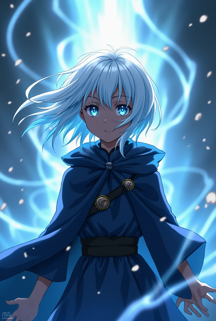 Black girl as gojo with white hair and blue eyes 