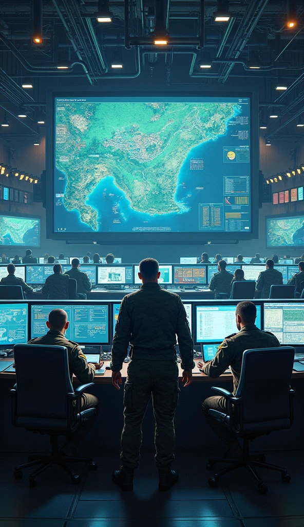 War room, commands and controls room, military, soldier's, big screens,