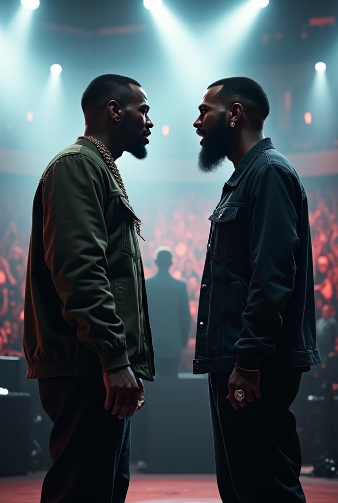 Chris Brown and Quavo look at each other angrily on rap stage