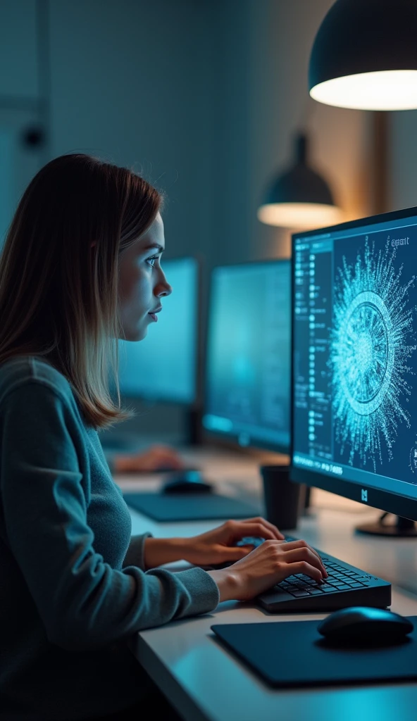 She is at a computer keyboard. The screen shows a generated computer screen and a woman working at the keyboard. The word "SeaArt" is written in small letters at the edge of the screen.