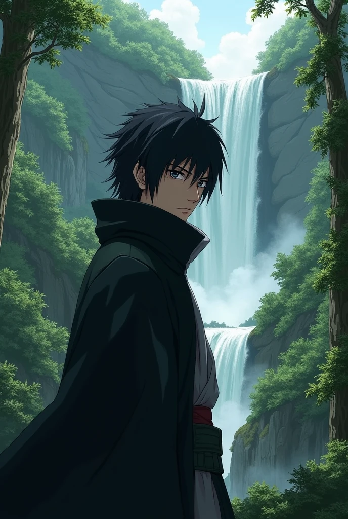 Itachi in jungle and background is waterfall
