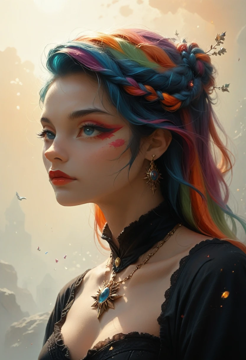 a close up of a woman with colorful hair and a necklace, Anime girl with space hair, Rossdros Pastel Bright, artwork in the style of Gouvez, fantasy art style, colorful]», bright fantasy style, Rossdraws cartoon bright, cosmic and colorful, Gouvez, colorfull digital fantasy art, amazing art style, beautiful anime style