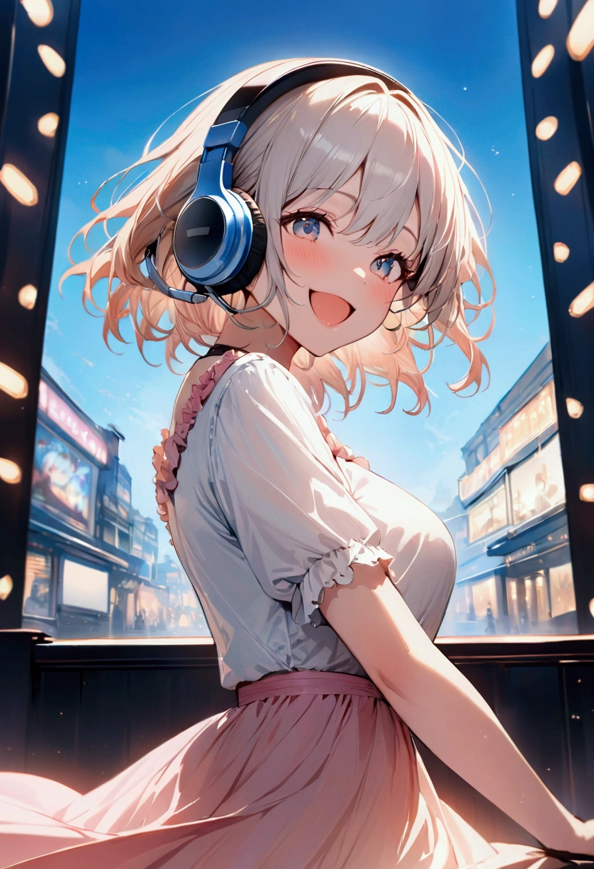 Distributor,woman, Cinema Lighting, (masterpiece:1.2), 最high quality, high quality, High resolution, (Super detailed), Detailed Background, One person,headphone,smile,Light background,blue sky,Have fun and laugh,